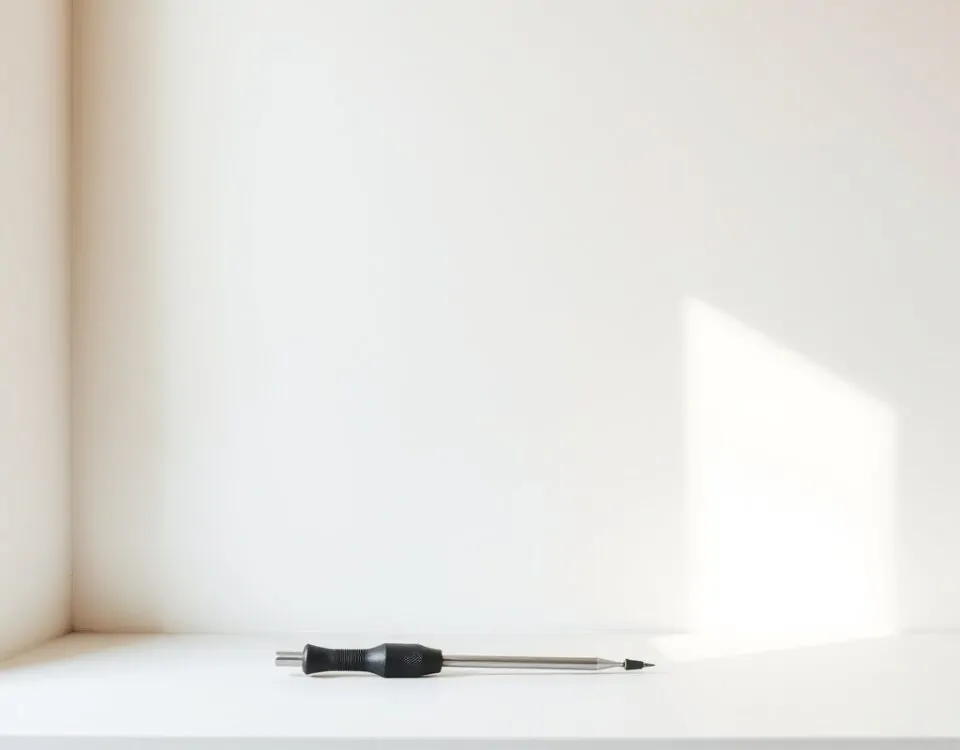 Sección de persiana veneciana con un destornillador en un alféizar, iluminados por luz suave; opciones económicas en Barcelona.