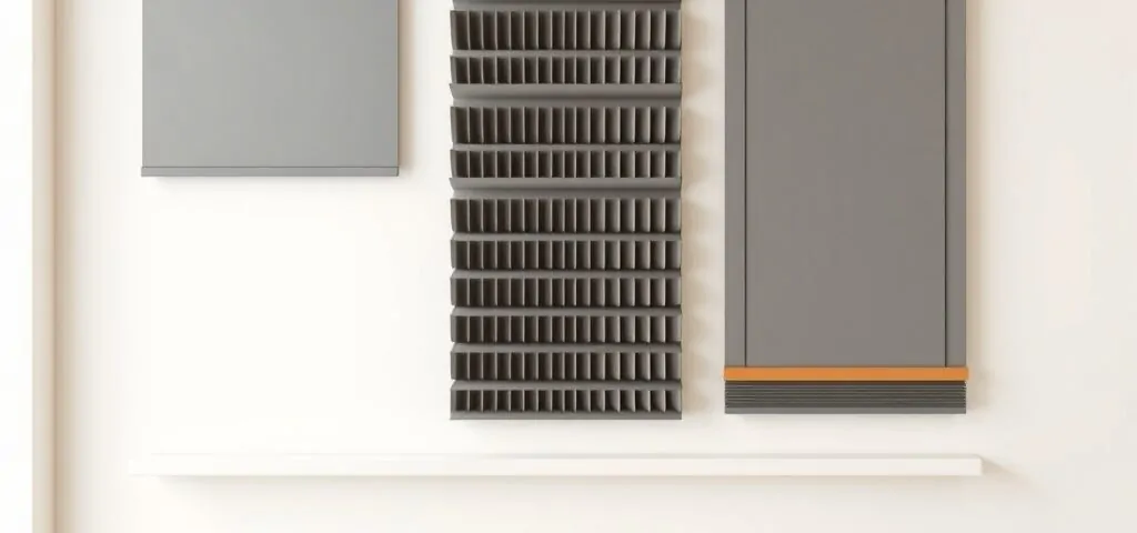 Esquema minimalista de persianas: paneles geométricos en una pared clara, mostrando tipos de persianas se pueden instalar con motorizacion en hogares.