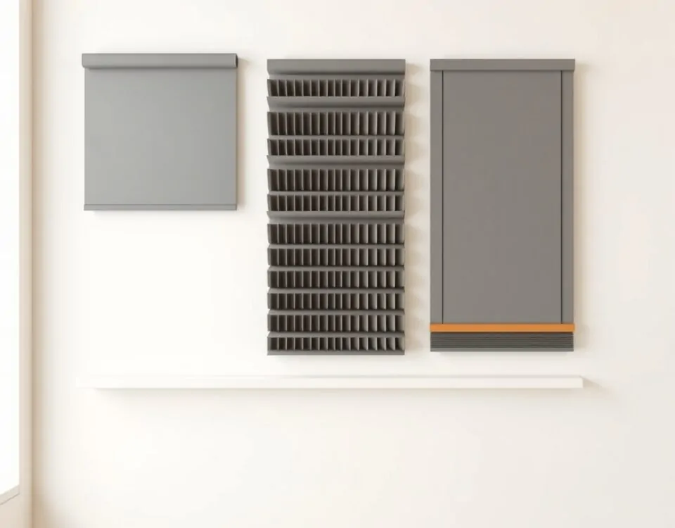 Esquema minimalista de persianas: paneles geométricos en una pared clara, mostrando tipos de persianas se pueden instalar con motorizacion en hogares.