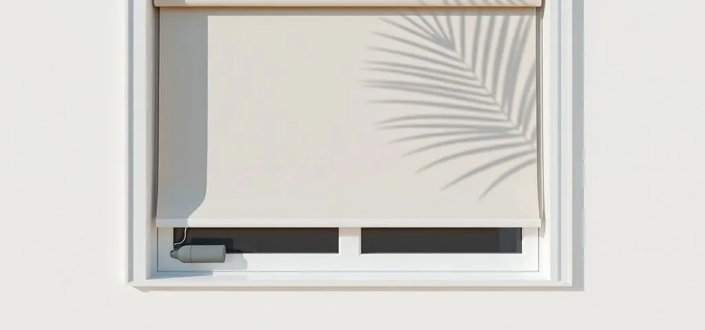 Persiana motorizada en ventana blanca, luz suave, sombra de palma, calma. Quien ofrece los mejores precios para la instalacion de persianas motorizadas en Barcelona.