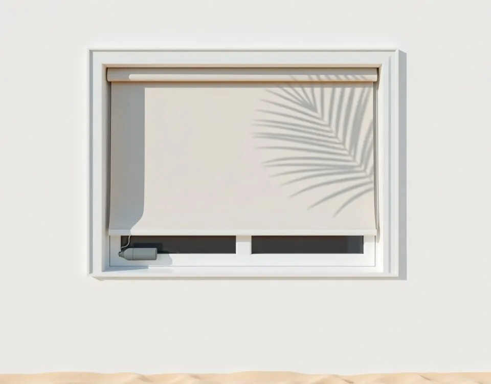 Persiana motorizada en ventana blanca, luz suave, sombra de palma, calma. Quien ofrece los mejores precios para la instalacion de persianas motorizadas en Barcelona.