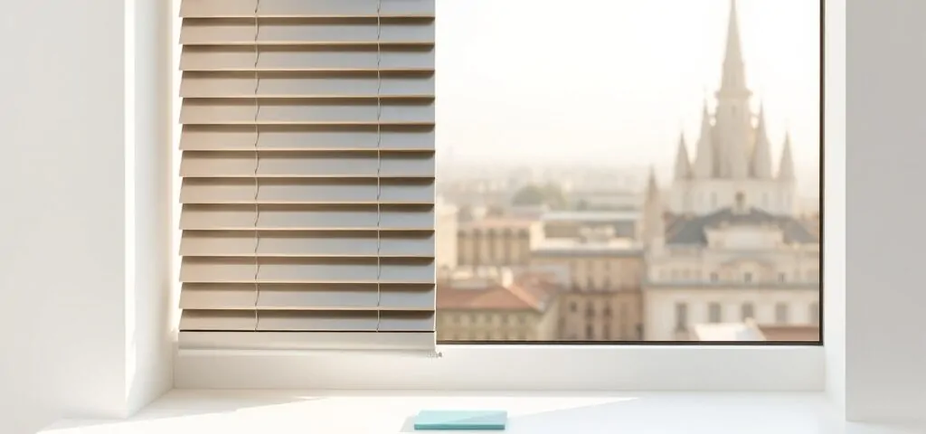 Panel de persianas metálicas en una ventana blanca, con un skyline de Barcelona al fondo. Donde puedo contratar la instalacion de persianas metalicas de manera rapida en Barcelona.