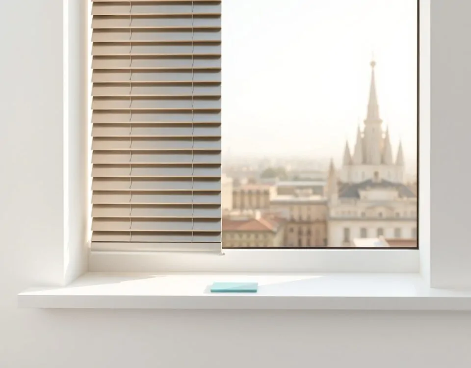 Panel de persianas metálicas en una ventana blanca, con un skyline de Barcelona al fondo. Donde puedo contratar la instalacion de persianas metalicas de manera rapida en Barcelona.
