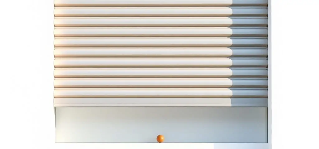 Persiana de seguridad gris en ventana blanca, con acento terracota; ideal para encontrar ofertas en Barcelona.