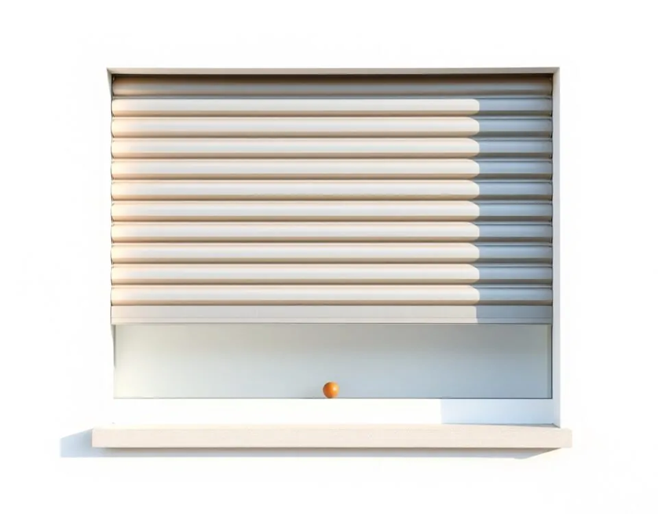 Persiana de seguridad gris en ventana blanca, con acento terracota; ideal para encontrar ofertas en Barcelona.