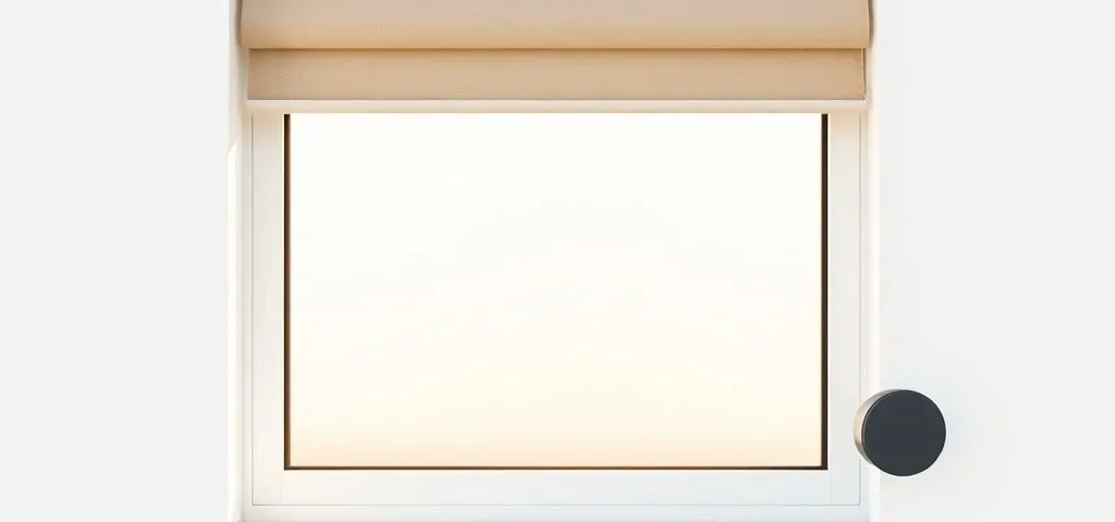 Ventana con persiana motorizada beige y motor cilíndrico, iluminada suavemente, mostrando los beneficios de motorización de persianas en el hogar.