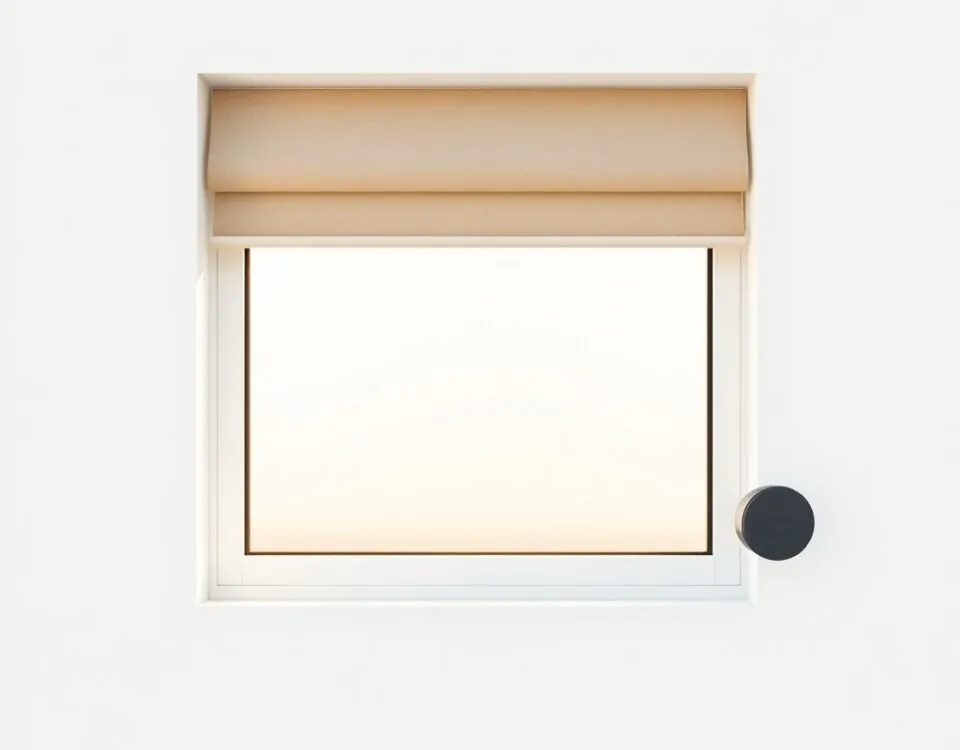 Ventana con persiana motorizada beige y motor cilíndrico, iluminada suavemente, mostrando los beneficios de motorización de persianas en el hogar.