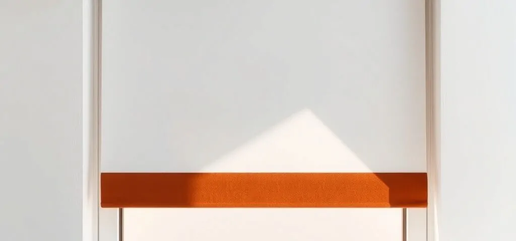 Persiana motorizada terracota en ventana, con motor cilíndrico y mando azul; opciones para la motorización en Barcelona.