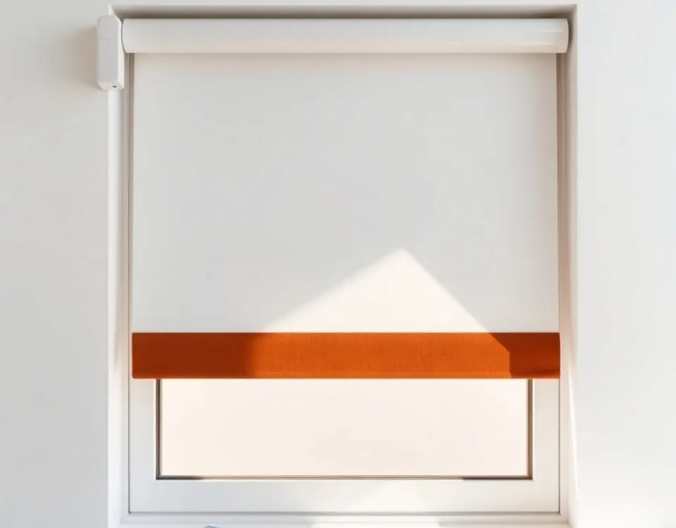 Persiana motorizada terracota en ventana, con motor cilíndrico y mando azul; opciones para la motorización en Barcelona.