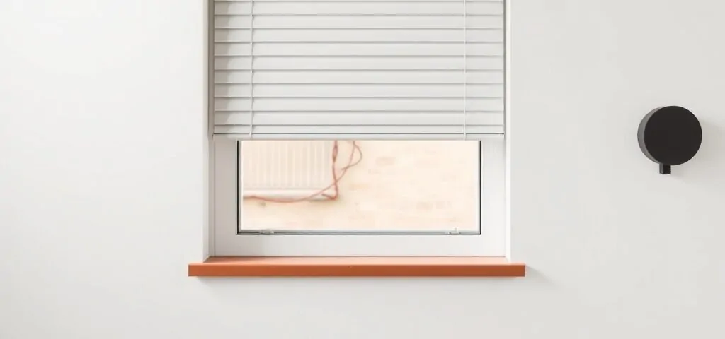 Ventana con persiana horizontal a medio bajar, motor discreto a la derecha; busca "Donde puedo comprar un kit de motorizacion de persianas en Barcelona".