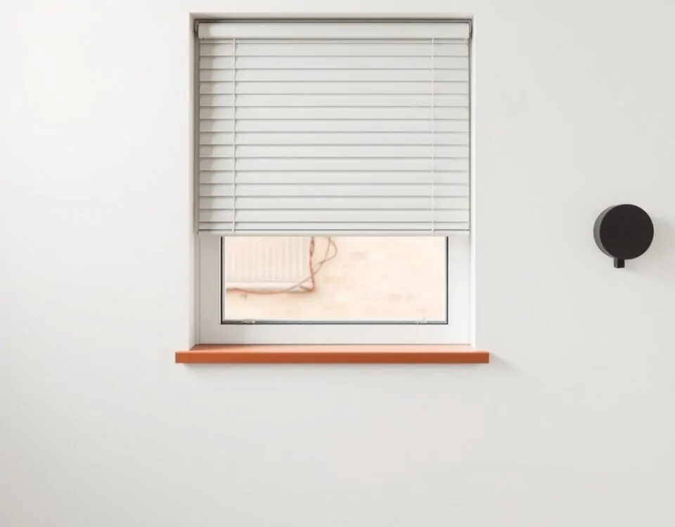 Ventana con persiana horizontal a medio bajar, motor discreto a la derecha; busca "Donde puedo comprar un kit de motorizacion de persianas en Barcelona".