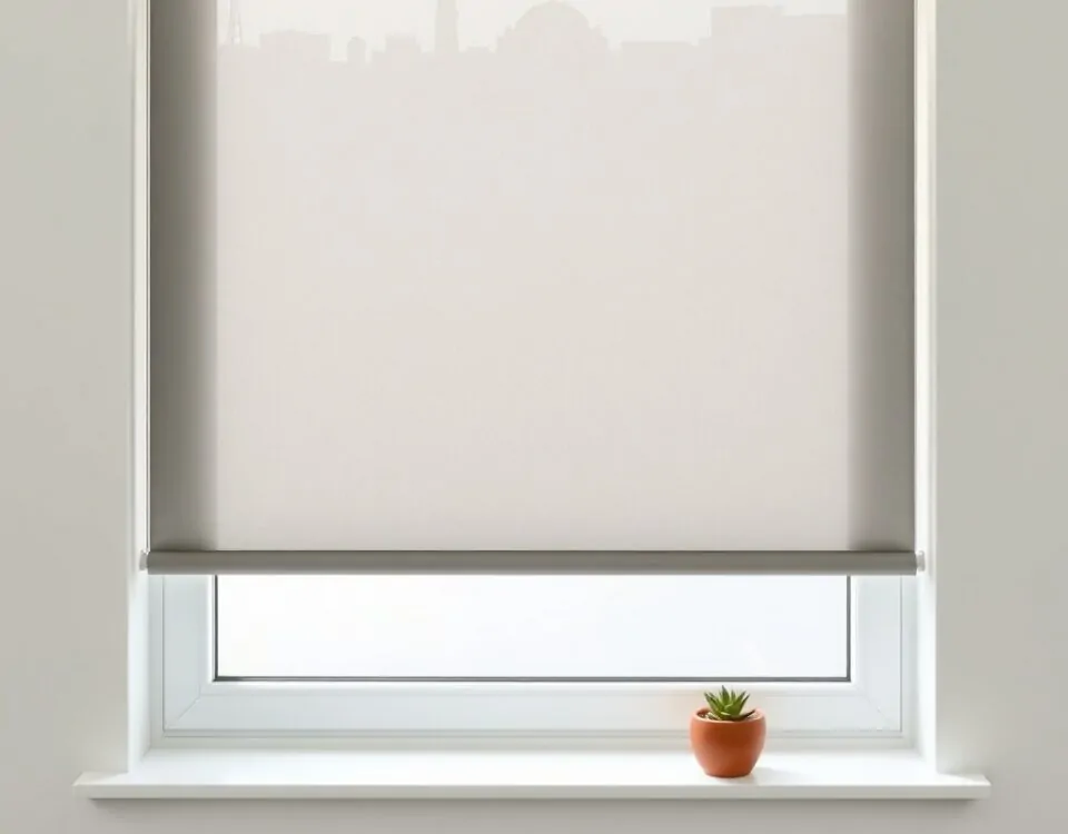 Composición minimalista con ventana y persiana motorizada, skyline de Barcelona y un pequeño suculento. Donde instalar persianas motorizadas al mejor precio en Barcelona.