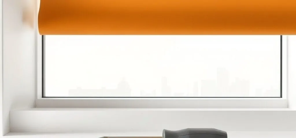 Escena minimalista de una persiana vertical y un destornillador en un borde blanco, evocando servicios de reparación en Barcelona.