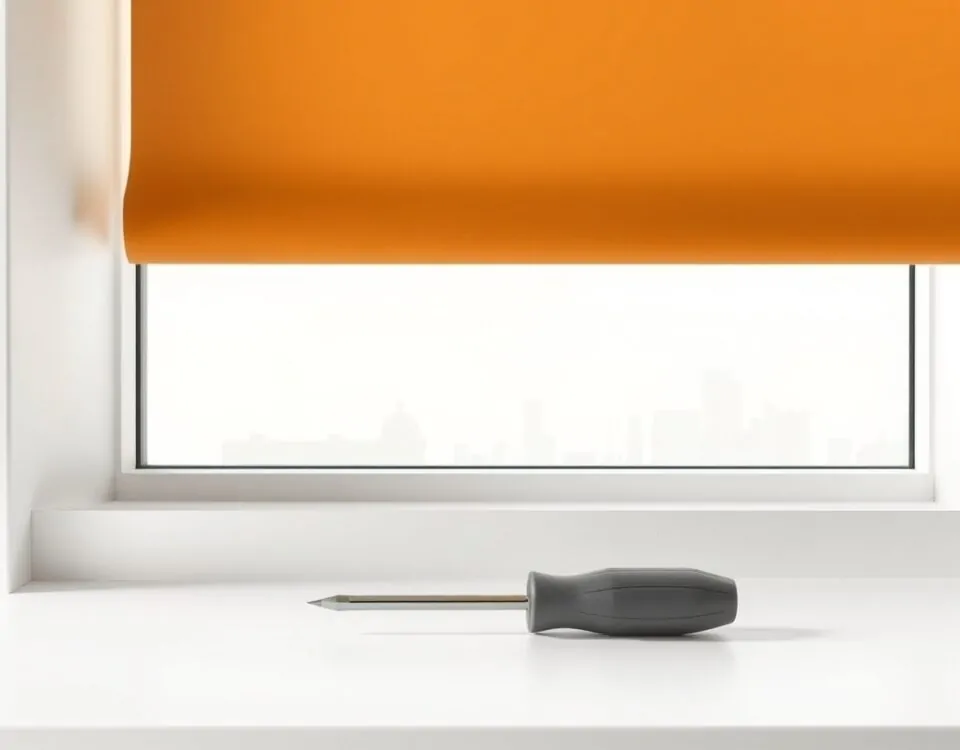 Escena minimalista de una persiana vertical y un destornillador en un borde blanco, evocando servicios de reparación en Barcelona.