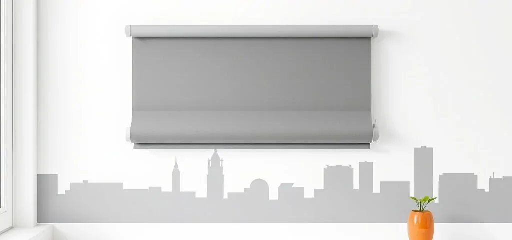 Persiana enrollable gris flotando en pared blanca, con silueta de Barcelona al fondo. Que empresas ofrecen la mejor motorizacion de persianas en Barcelona.