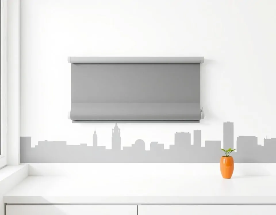 Persiana enrollable gris flotando en pared blanca, con silueta de Barcelona al fondo. Que empresas ofrecen la mejor motorizacion de persianas en Barcelona.