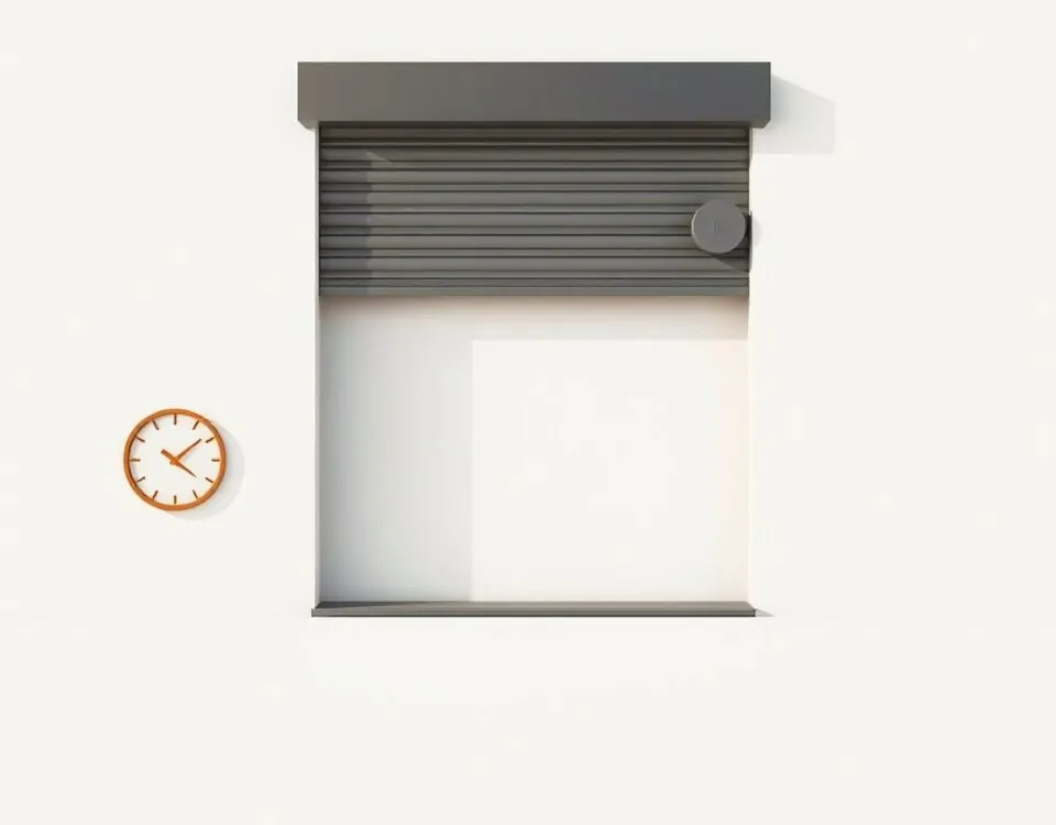 Composición minimalista con persiana motorizada y reloj 24 horas, ideal para "Donde puedo contratar la motorizacion de persianas con atencion 24 horas en Barcelona".