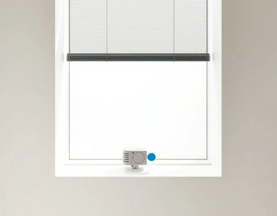 Composición minimalista de persianas motorizadas en ventana, ideal para encontrar donde contratar la motorización de persianas al mejor precio en Barcelona.